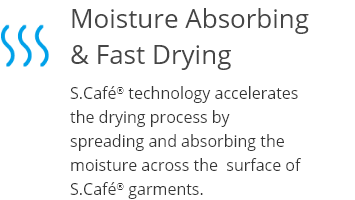 S.Café® technology accelerates the drying process by spreading and absorbing the moisture across the  surface of S.Café® garments.