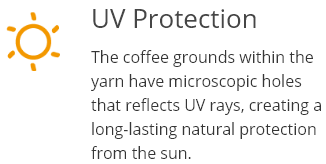 The coffee grounds within the yarn have microscopic holes that reflects UV rays, creating a long-lasting natural protection from the sun.